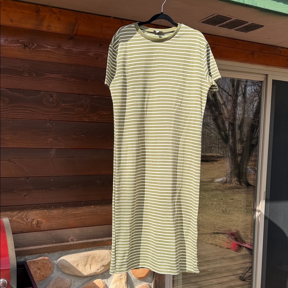 Striped Olive Green Maxi Dress with Short Sleeves